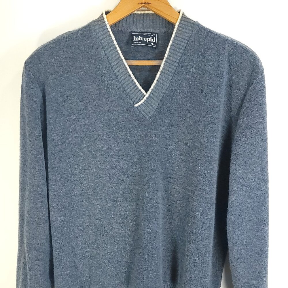 Vtg Intrepid Sweater Men's Large Blue Pullover V Neck Grandpa Preppy Grunge